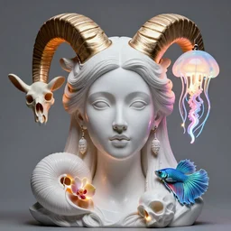goddess princess face close-up portrait ram skull. sculpture made of neon lamps and metal. jellyfish phoenix head, nautilus, orchid, skull, betta fish, bioluminiscent creatures, intricate artwork by Tooth Wu and wlop and beeple. octane render, trending on artstation, greg rutkowski very coherent symmetrical artwork. cinematic, hyper realism, high detail, octane render, 8k