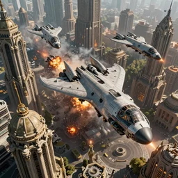 squad of futuristic bombers, bombing a baroque cyberpunk city, explosions and fire, aerial view, hypermaximalistic, high details, cinematic, 8k resolution, beautiful detailed, insanely intricate details, artstation trending, octane render, unreal engine