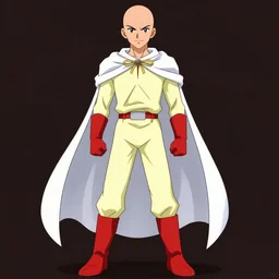 anime baldy man with long - sleeved light - yellow shirt, red gloves, red boots and avery white cape