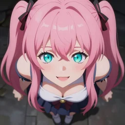 stunningly beautiful omnipotent megalomaniacal anime goddess who looks like junko enoshima with symmetrical perfect face and porcelain skin, pink twintail hair and mesmerizing cyan eyes, looking down upon the viewer and taking control while smiling in a mischievous way, mid view from below her feet, hyperdetailed, photograph in frog's perspective, 8 k