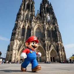 super mario walking next to the cathedral of cologne, germany, volumetric lighting, sharp focus, ultra detailed, cgsociety - w 1 0 2 4 - n 8 - i