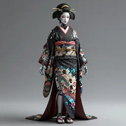 full body portrait of a gothic japanese robot geisha with kanji tattoos and decals wearing a digital pixelated kimono, intricate design, photorealistic, octane render, raytraced, ultra fine detailed, character design, trending on artstation