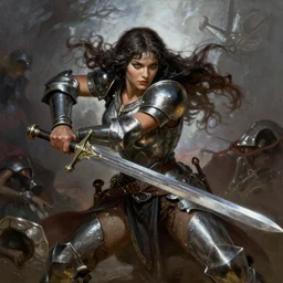 A full portrait of a very beautiful berserker woman, holding a sword and charging into battle, by Frank Frazetta, Greg Rutkowski, Boris Vallejo, epic fantasy character art, armor, Exquisite detail, post-processing, low angle, masterpiece, cinematic