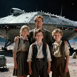 extremely sharply detailed, 9 9 mm film from blockbuster 9 9 k sci fi color movie freeze frame, set 1 8 6 0, family standing in front of crashed spaceship, on alien planet, looking happy, wearing 1 8 5 0 s era clothes, atmospheric lighting, in focus, reflective eyes, 9 9 9 mm lens, live action, nice composition and photography, clear faces