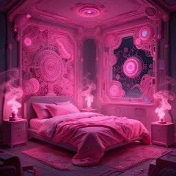pink cyberunk bedroom in the night, little pink smoke around, beautiful, intricate complexity, ilya kuvshinov, cell shaded, 4 k, concept art, by wlop, ilya kuvshinov, greg rutkowski