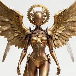 Steampunk Archangel, mechanical wings, gear halo, empty eyes, metallic bronze skin, golden tech robes, male looking, steampunk fantasy, extremely detailed, trending on artstation, realistic proportions