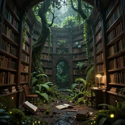 decaying interior of an ( ( old library ) ) with a rainforest growing inside, fireflies in the air, highly detailed, intricate detail, realistic shaded lighting, beautiful 3 d rendering, octane render, hyperrealistic, trending on artstation, by greg rutkowski and simon stalenhag
