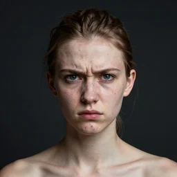 portrait of a thin adolescent white woman with round face, 2 0 yo, angry look, skin pores, scars, skin condition, dark background, studio light, hdr, nikon 5 0 mm f / 1. 8 g, by sebastiao salgado