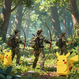 a hunting party going hunting for pokemon in the forest with bows