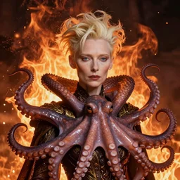 queen of hell portrait of Tilda Swinton, fire and flame, big long hell serpent octopus, Pixar style, by Tristan Eaton Stanley Artgerm and Wayne Barlowe and Tom Bagshaw and Boris Vallejo.