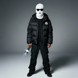 photography of a man full body in the camera named yeat wearing a white fuzzy skimask with black sunglasses on, wearing a black moncler × ding yun zhang, maximum detail, quality, high quality, flashlight, noise, wide lens