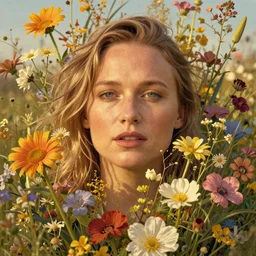 a highly detailed head and shoulders portrait of alicia vikander surrounded by an explosion of wild flowers, golden hour, by joshua middleton, by alphonse mucha, by edgar maxence, by gustav klimt, by gregory manchess, by wes anderson, by edward hopper, by wayne barlowe, by james gilleard, intricat, detailed, single head