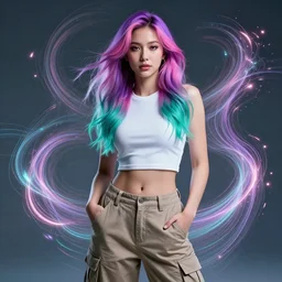 a award winning half body portrait of a beautiful woman in a croptop and cargo pants with ombre purple pink teal hairstyle and hands in pockets by ari liloan, surrounded by whirling illuminated lines, outrun, vaporware, digital art, trending on artstation, highly detailed, fine detail, intricate