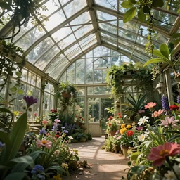 glass greenhouse, another world, flowers, fairy tale, sunlight, highly detailed, low angle view, artstation, mysterious, comfort, in the style of aetherpunk