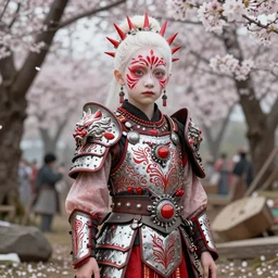 albino kid girl in a ornated armor pagan facepaint in a battlefield, detailed, jewelry, sakura, photograph, award wining, red and white, trending on artstation, punk attitude, 4 k, unreal engine 5, octane render, neon highlights