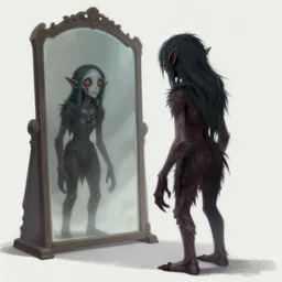 beautiful digital fantasy illustration of a creepy creature standing in front of a mirror, concept art by Alex Horley-Orlandelli, cgsociety contest winner, gothic art, official art, concept art, #vfxfriday, cgsociety, fantasy art, highly detailed, soft lighting, rendered in octane, masterpiece, very very very aesthetic