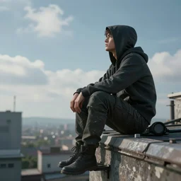 a hooded man sitting on a rooftop and looking at the sky, fantasy art, octane render, hyperrealistic, artstation, artstationHD, 8k
