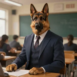 photograph of a male anthropomorphic german shepherd fursona wearing a nice suit in a school classroom, deep focus, intricate, elegant, highly detailed, digital painting, artstation, concept art, matte, sharp focus, illustration, d & d, fantasy, hearthstone, art by artgerm and greg rutkowski and alphonse mucha