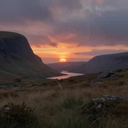 scotland landscape sunset, deep focus, fantasy, intricate, elegant, highly detailed, digital painting, artstation, concept art, matte, sharp focus, illustration, art by artgerm and greg rutkowski