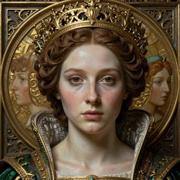 detailed realistic beautiful young medieval queen face centered portrait by jean delville, john william waterhouse, gustav klimt, and marco mazzoni, art nouveau, symbolist, visionary, gothic, preraphaelite, realistic smooth polished porcelain, ultrasharp hyperdetailed photorealistic octane render, ornate gothic icon with heavy patina