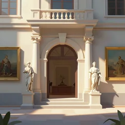 ui art of low poly museum entrance with statues and paintings, cinematic lightning, clean vector art by lois van baarle, ilya kuvshinov, kilian eng,