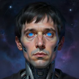 surreal portrait of a man by Greg Rutkowski, symmetrical face, he is about 50 years old, short black hair with bangs, his features are a mix between French, Turkish and Russian, transformed into a kind of biomechanical transhuman god, blue glowing eyes, expression of epiphany and determination, cosmic void background, frightening, fascinating, highly detailed portrait, digital painting, book cover, artstation, concept art, smooth, sharp foccus ilustration, Artstation HQ