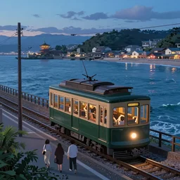 a streetcar is running on the dreamy sea, kamakura scenery, unreal engine, fantasy art by greg, loish, rhads, ferdinand knab, makoto shinkai and lois van baarle, ilya kuvshinov, rossdraws, tom bagshaw, night lighting, trending onstudio ghibli, highly detailed, octane render, 8 k