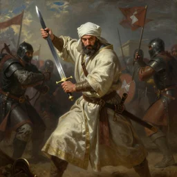 a muslim warrior how old is the sword and charging at the crusaders by greg rutkowski