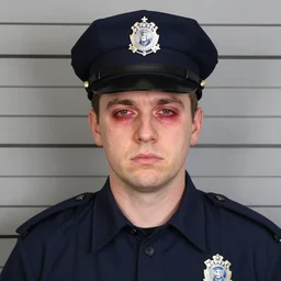 Police mugshot of Postman Pat as a living person looking tired with bloodshot eyes