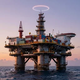 a futuristic oil rig tower, built of scavenged parts from oil tankers and containerships. Ocean, early dawn. Beautiful skies. Halo concept art. HD. Trending on artstation. Highly detailed. Concept art. Kitbash.