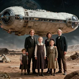 highly detailed, 435456k film, 1612800mm film still from a sci fi blockbuster color movie made in 2019, set in 1860, of a family standing in front of a spaceship that has just landed on an alien planet, the family are all wearing 1860s era clothes, good lighting, good photography, ultra high definition