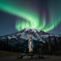 beautiful aurora blended with virgin mary over mt rainier hdr ray tracing long exposure film
