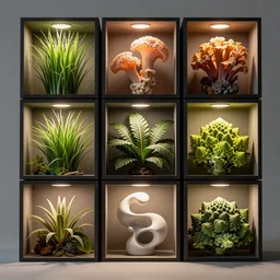 composition of nine square boxes with different plants forms, diorama, front view, light mode, led lamps, deep shadows, coral reef, tremella fuciformis, grass, leaves, romanesco broccoli, abstract sculpture, octane render, unreal engine