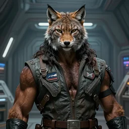 highly detailed digital painting, black male anthro - lynx, human with head of lynx, long furred, viking hair, with long thick wavy hair like fabio, facial scar, hairy masculine gigachad, muscular, wearing flight suit, in starship reactor room on the nostromo, classic science fiction, trending on artstation,