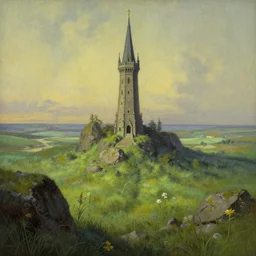 the wizard's tower in grassy rocky fields, landscape art by tim hildebrandt, symmetry!!
