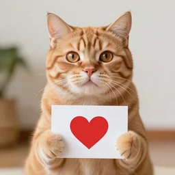 cute orange tabby cat holding a sign with a red heart symbol