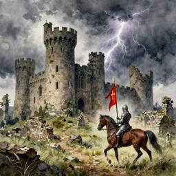 gothic castle ruins, a knight passing by on horseback holding a red flag with a golden cross on it, thunderstorm, watercolor,