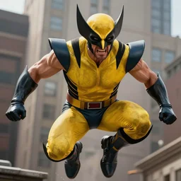 Clint Eastwood as Wolverine, with yellow black mask from xmen comic books, jumping from a building angry face, hyper realistic, high detail skin