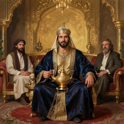 portrait of a persian genie in an opulent arabian salon, art by denys tsiperko and franz xaver kosler and bogdan rezunenko
