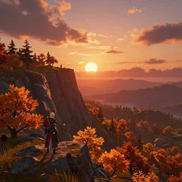 fiery autumn twilight with the sun very close to the edge of the mountain, open - world aaa game, isekai fantasy light novel, screenshot