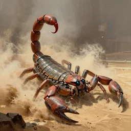 a giant scorpion mecha in a sandstorm, frank frazetta