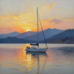 a yacht in a lake at sunset, mountains in the background, oil painting