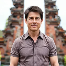a photo of tom cruise wearing batik bali when holiday in bali. blurred temple background. front view. sigma 8 5 mm lens f / 1. 4. award winning photography