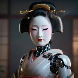 japanese geisha robot android portrait, kabuki mask, ominous but beautiful, cybertech, in the style of ash thorp, beautiful, diffuse cinematic lighting, anamorphic lens, anamorphic lens flare, hyper real, intricate detail, octane renderer, unreal engine 5