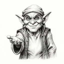 pen and ink drawing of a goblin merchant smiling holding out his palm to show gold coins, by steve jackson and ian livingstone, highly detailed