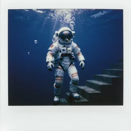 concept art in the dark underwater diver astronaut with meka helmet standing on the stairs. transparent air bubbles everywhere. rays and dispersion of light breaking through the deep water. film photo, polaroid. trend artstation