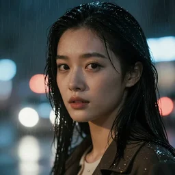 movie close-up shot of a beauty woman portrait in a raining bright city at night