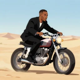 anime still of frank ocean wearing a black suit riding a motorcycle in the desert
