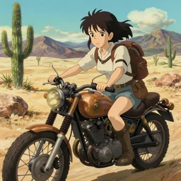 cinematic mid shot of an adventurer girl riding a steampunk motorcycle on in a desert with rocks, cactus, mountains, delicate features finely detailed perfect art, gapmoe yandere grimdark, trending on pixiv fanbox, painted by greg rutkowski makoto shinkai takashi takeuchi studio ghibli