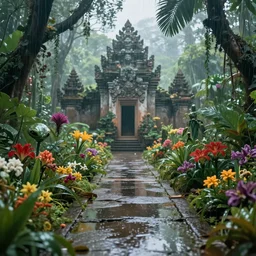 An alien jungle, colorful flowers, pathway, reflection, rain, morning light, photorealistic, realistic, depth of field, temple ruins, high definition, soft light, high definition, detailed, 8k, artstation